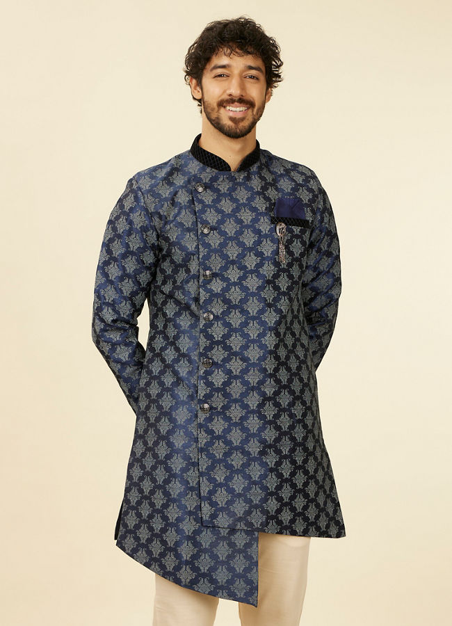 alt message - Manyavar Men Dark Blue Imperial Paisley Patterned Angrakha Style Kurta Set image number 0